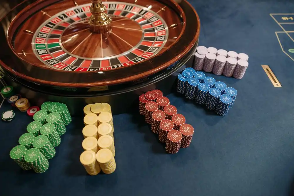 High-end Casino chips and roulette wheel